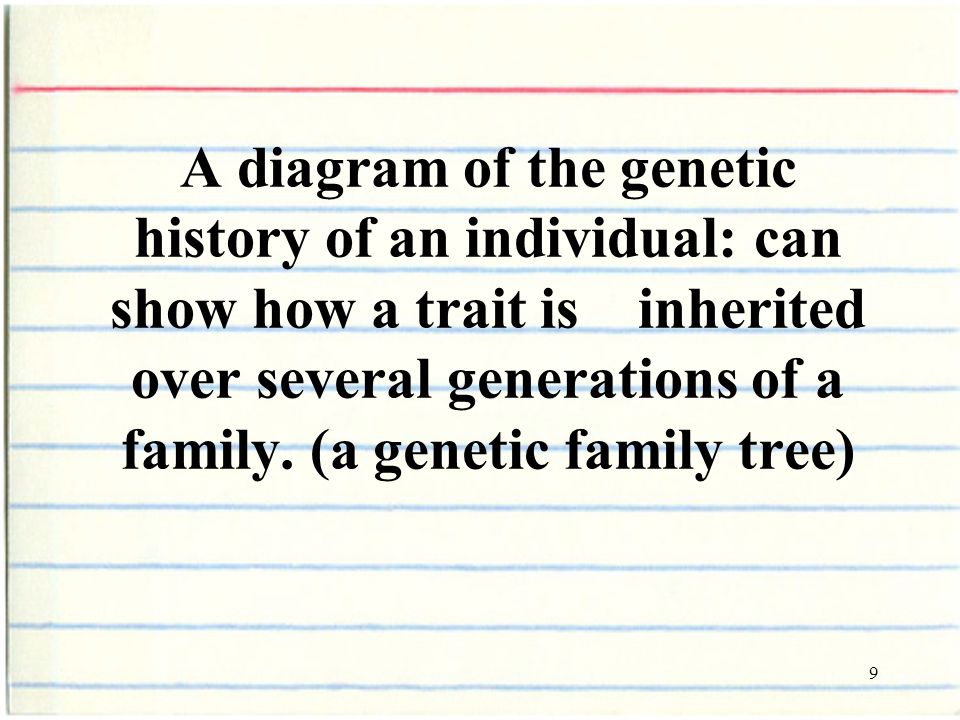9 A diagram of the genetic history of an individual: can show how a trait is inherited over several generations of a family.