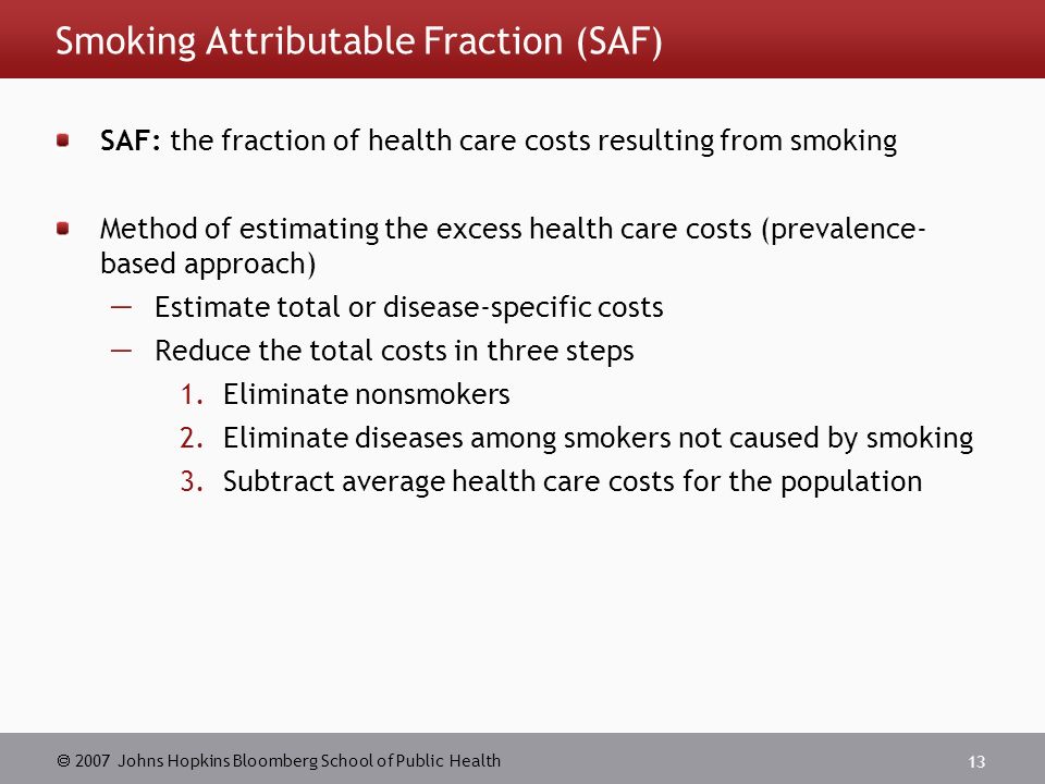  2007 Johns Hopkins Bloomberg School of Public Health 13 Smoking Attributable Fraction (SAF) SAF: the fraction of health care costs resulting from smoking Method of estimating the excess health care costs (prevalence- based approach)  Estimate total or disease-specific costs  Reduce the total costs in three steps 1.Eliminate nonsmokers 2.Eliminate diseases among smokers not caused by smoking 3.Subtract average health care costs for the population