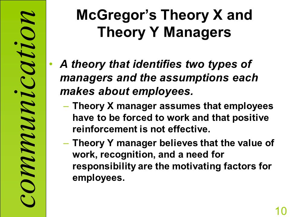 communication 10 McGregor’s Theory X and Theory Y Managers A theory that identifies two types of managers and the assumptions each makes about employees.