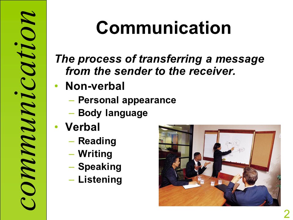 communication 2 Communication The process of transferring a message from the sender to the receiver.