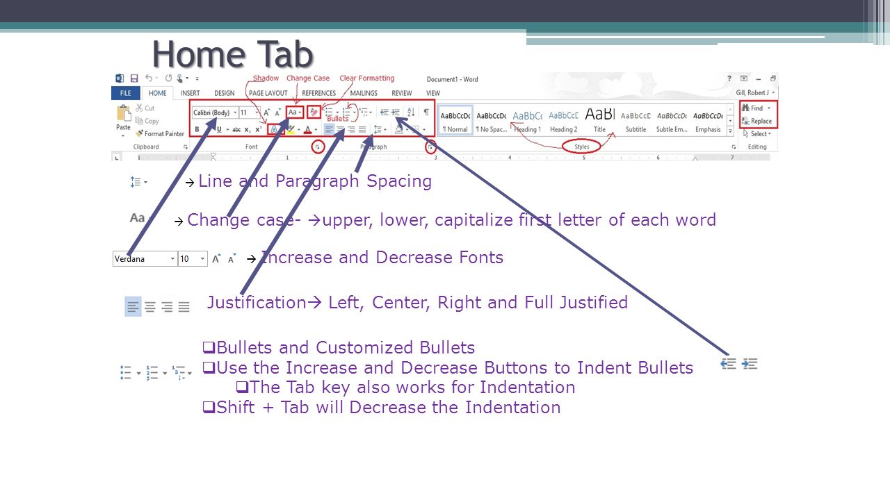 Home Tab  Change case-  upper, lower, capitalize first letter of each word  Line and Paragraph Spacing  Increase and Decrease Fonts Justification  Left, Center, Right and Full Justified  Bullets and Customized Bullets  Use the Increase and Decrease Buttons to Indent Bullets  The Tab key also works for Indentation  Shift + Tab will Decrease the Indentation