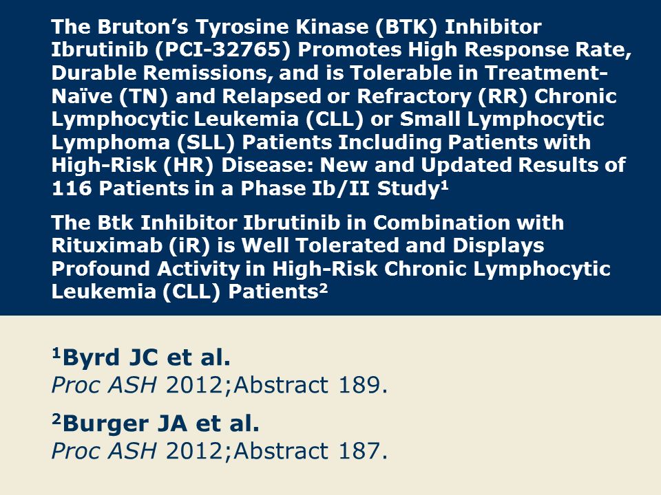 The Bruton’s Tyrosine Kinase (BTK) Inhibitor Ibrutinib (PCI-32765) Promotes High Response Rate, Durable Remissions, and is Tolerable in Treatment- Naïve (TN) and Relapsed or Refractory (RR) Chronic Lymphocytic Leukemia (CLL) or Small Lymphocytic Lymphoma (SLL) Patients Including Patients with High-Risk (HR) Disease: New and Updated Results of 116 Patients in a Phase Ib/II Study 1 The Btk Inhibitor Ibrutinib in Combination with Rituximab (iR) is Well Tolerated and Displays Profound Activity in High-Risk Chronic Lymphocytic Leukemia (CLL) Patients 2 1 Byrd JC et al.