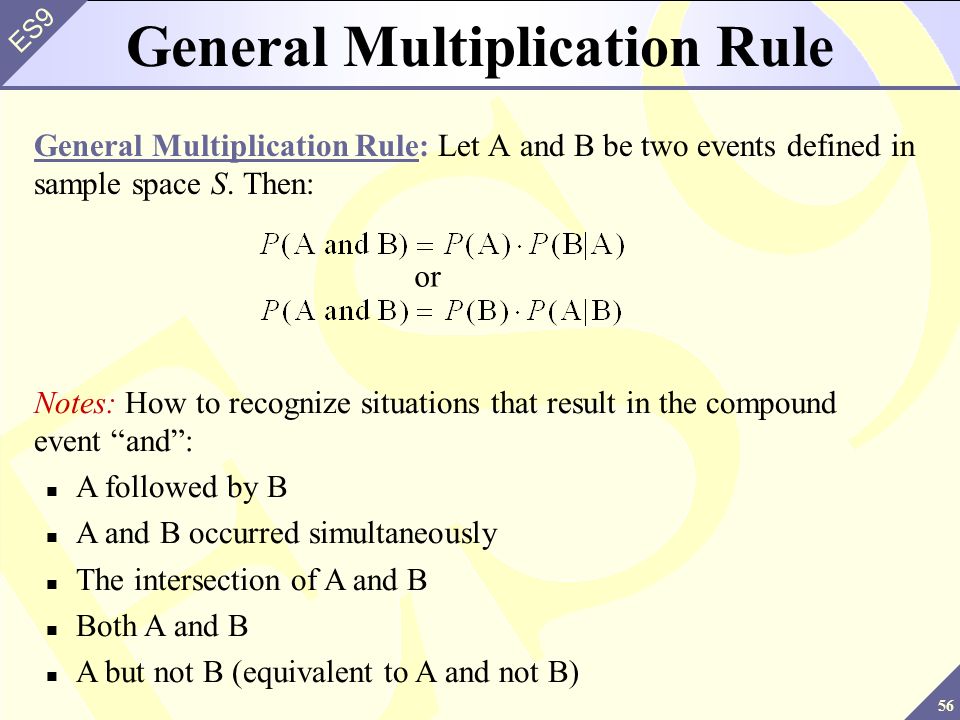 56 ES9 General Multiplication Rule General Multiplication Rule: Let A and B be two events defined in sample space S.
