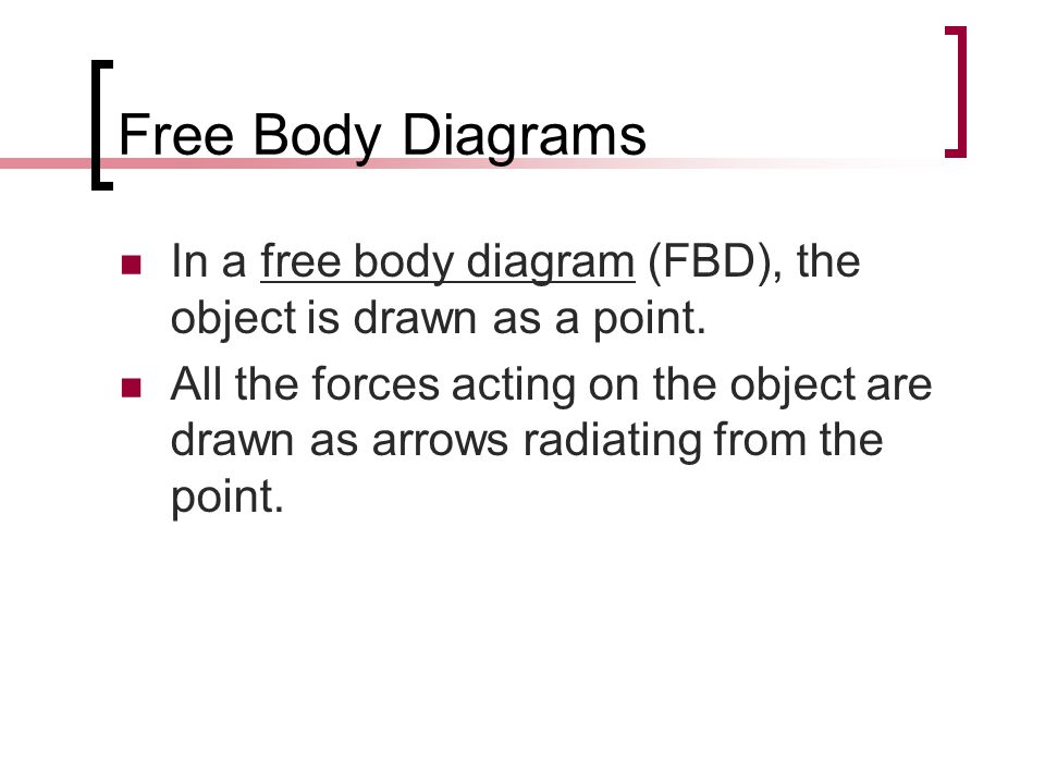 Free Body Diagrams In a free body diagram (FBD), the object is drawn as a point.