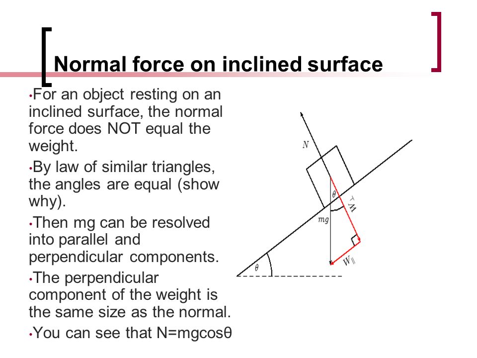Normal force on inclined surface For an object resting on an inclined surface, the normal force does NOT equal the weight.