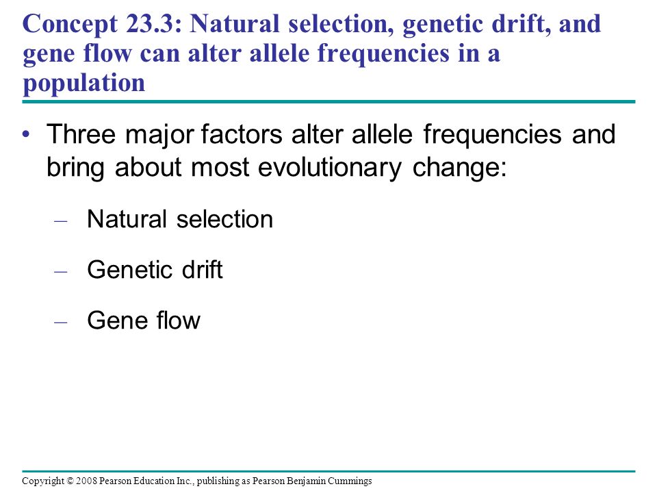 Copyright © 2008 Pearson Education Inc., publishing as Pearson Benjamin Cummings Three major factors alter allele frequencies and bring about most evolutionary change: – Natural selection – Genetic drift – Gene flow Concept 23.3: Natural selection, genetic drift, and gene flow can alter allele frequencies in a population