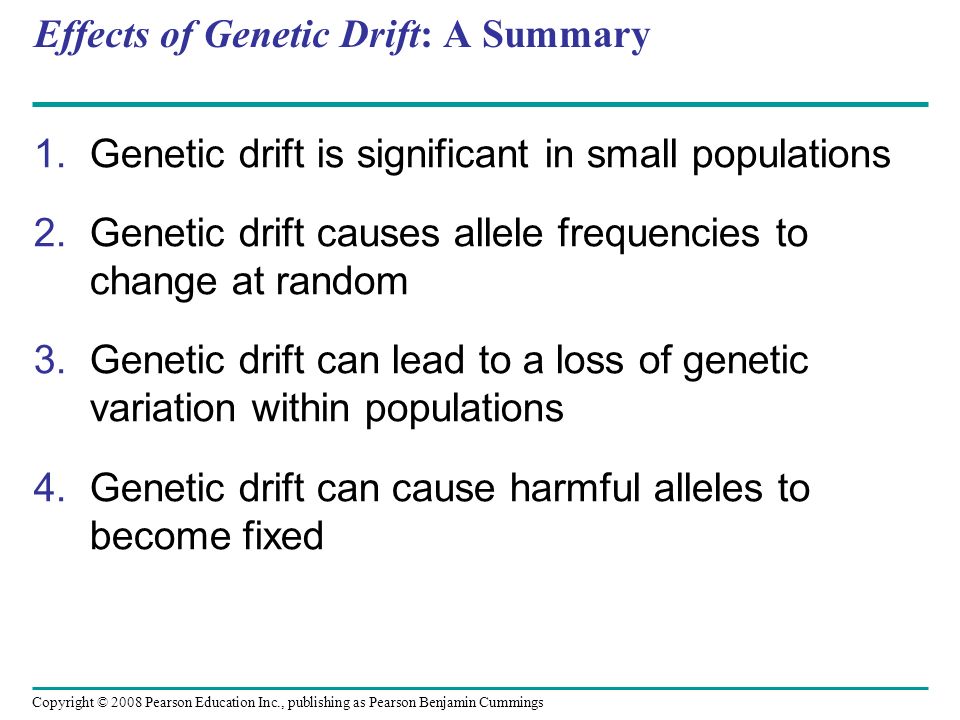 Copyright © 2008 Pearson Education Inc., publishing as Pearson Benjamin Cummings Effects of Genetic Drift: A Summary 1.Genetic drift is significant in small populations 2.Genetic drift causes allele frequencies to change at random 3.Genetic drift can lead to a loss of genetic variation within populations 4.Genetic drift can cause harmful alleles to become fixed