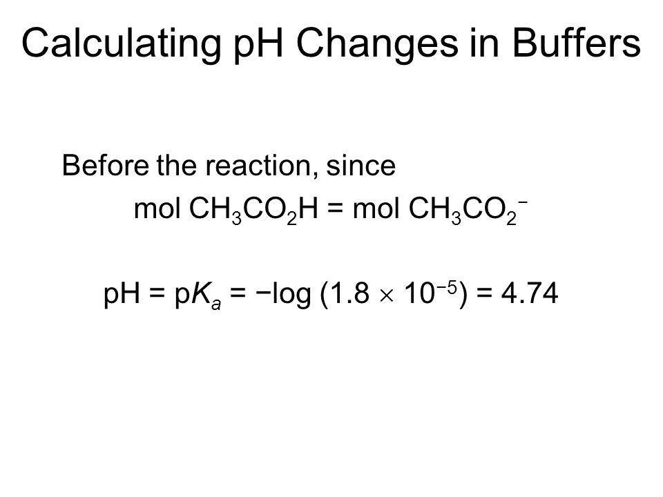 Calculating pH Changes in Buffers Before the reaction, since mol CH 3 CO 2 H = mol CH 3 CO 2 − pH = pK a = −log (1.8  10 −5 ) = 4.74