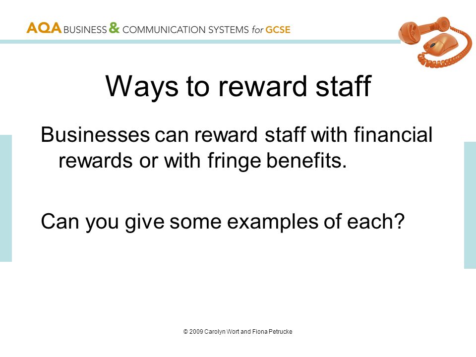 © 2009 Carolyn Wort and Fiona Petrucke Ways to reward staff Businesses can reward staff with financial rewards or with fringe benefits.