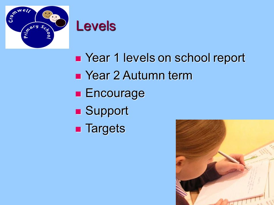 Levels Year 1 levels on school report Year 1 levels on school report Year 2 Autumn term Year 2 Autumn term Encourage Encourage Support Support Targets Targets
