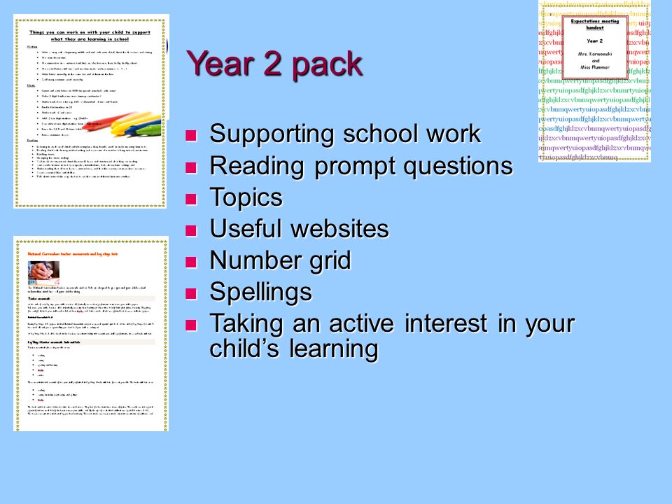 Year 2 pack Supporting school work Supporting school work Reading prompt questions Reading prompt questions Topics Topics Useful websites Useful websites Number grid Number grid Spellings Spellings Taking an active interest in your child’s learning Taking an active interest in your child’s learning