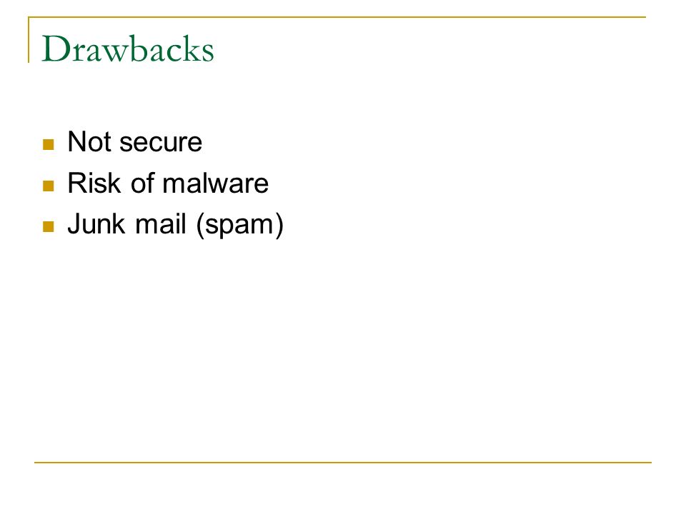 Drawbacks Not secure Risk of malware Junk mail (spam)