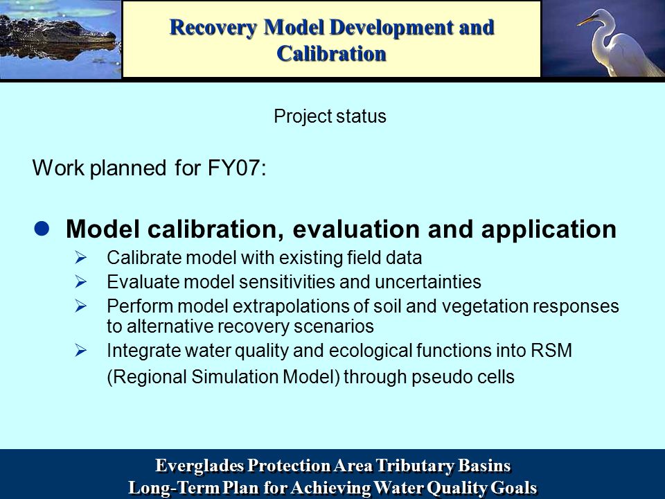 Everglades Protection Area Tributary Basins Long-Term Plan for Achieving Water Quality Goals Everglades Protection Area Tributary Basins Long-Term Plan for Achieving Water Quality Goals Recovery Model Development and Calibration Project status Work planned for FY07: Model calibration, evaluation and application ØCalibrate model with existing field data ØEvaluate model sensitivities and uncertainties ØPerform model extrapolations of soil and vegetation responses to alternative recovery scenarios ØIntegrate water quality and ecological functions into RSM (Regional Simulation Model) through pseudo cells