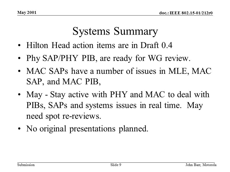 doc.: IEEE /212r0 Submission May 2001 John Barr, MotorolaSlide 9 Systems Summary Hilton Head action items are in Draft 0.4 Phy SAP/PHY PIB, are ready for WG review.