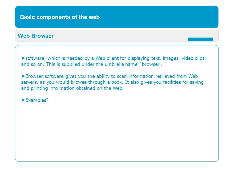 Basic components of the web Web Browser  software, which is needed by a Web client for displaying text, images, video clips and so on.