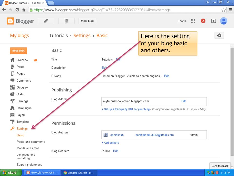 Here is the setting of your blog basic and others.