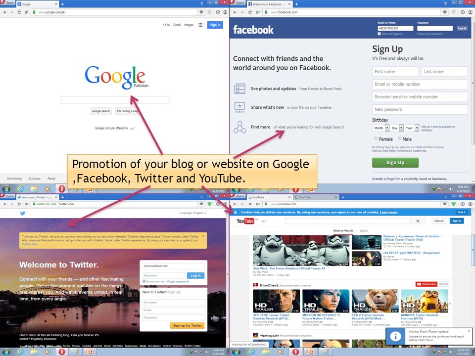 Promotion of your blog or website on Google,Facebook, Twitter and YouTube.