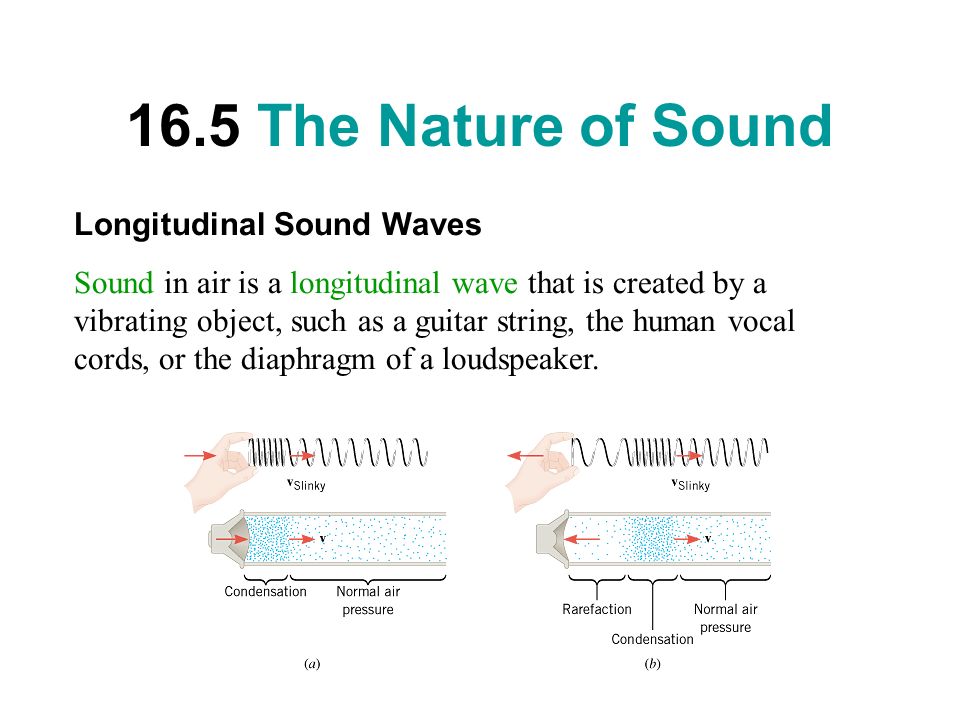 16.5 The Nature of Sound Longitudinal Sound Waves Sound in air is a  longitudinal wave that is created by a vibrating object, such as a guitar  string, the. - ppt download