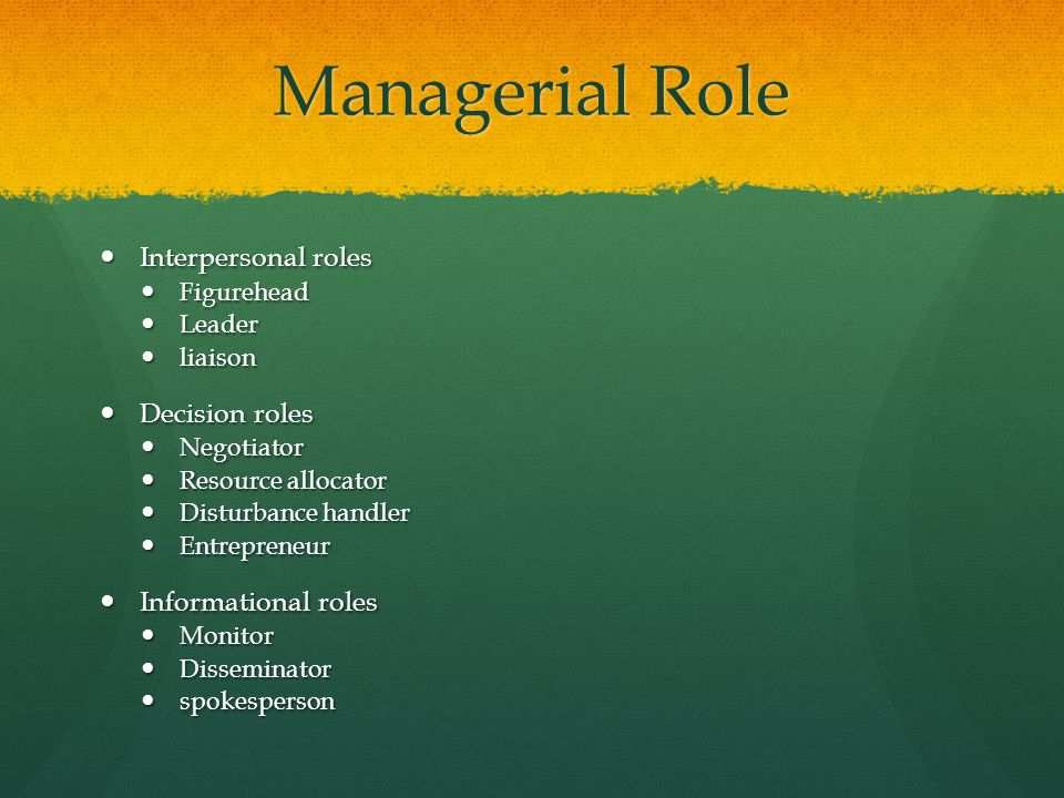 Managerial Role Interpersonal roles Interpersonal roles Figurehead Figurehead Leader Leader liaison liaison Decision roles Decision roles Negotiator Negotiator Resource allocator Resource allocator Disturbance handler Disturbance handler Entrepreneur Entrepreneur Informational roles Informational roles Monitor Monitor Disseminator Disseminator spokesperson spokesperson