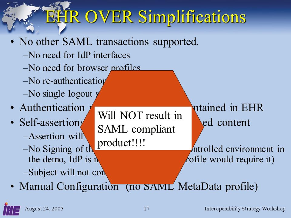 August 24, 2005Interoperability Strategy Workshop17 EHR OVER Simplifications No other SAML transactions supported.