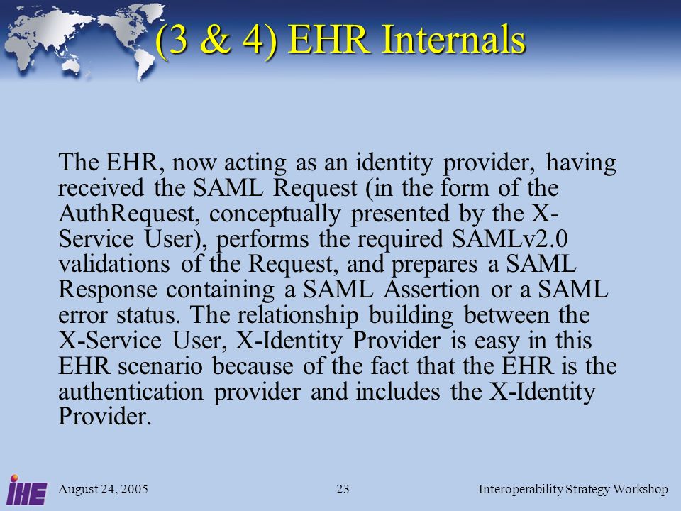 August 24, 2005Interoperability Strategy Workshop23 (3 & 4) EHR Internals The EHR, now acting as an identity provider, having received the SAML Request (in the form of the AuthRequest, conceptually presented by the X- Service User), performs the required SAMLv2.0 validations of the Request, and prepares a SAML Response containing a SAML Assertion or a SAML error status.