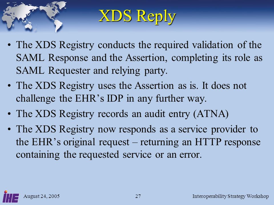 August 24, 2005Interoperability Strategy Workshop27 XDS Reply The XDS Registry conducts the required validation of the SAML Response and the Assertion, completing its role as SAML Requester and relying party.