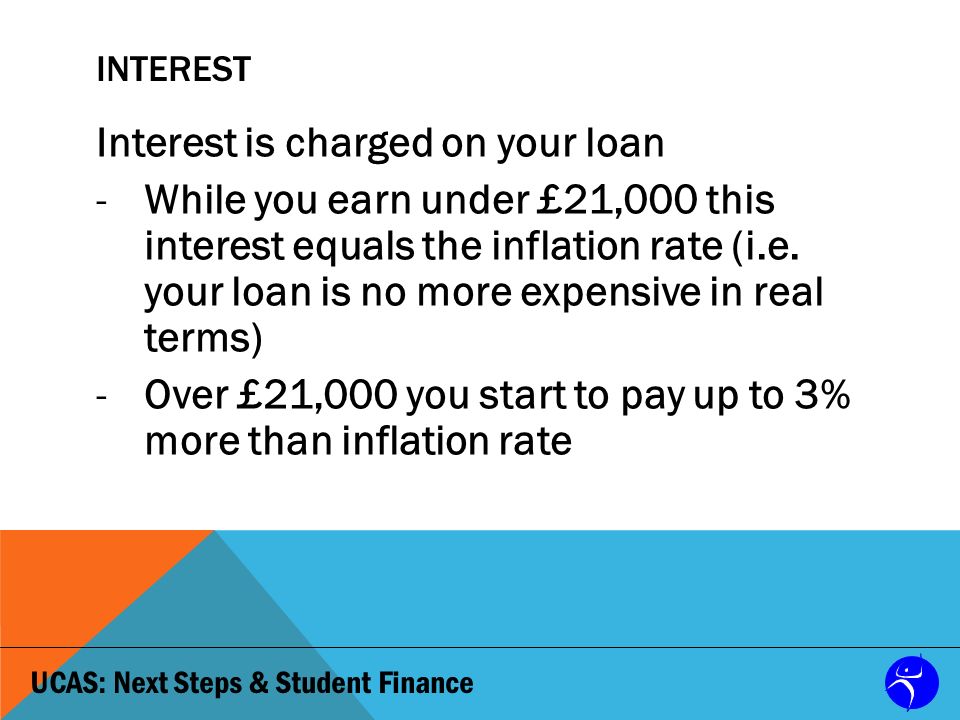 UCAS: Next Steps & Student Finance INTEREST Interest is charged on your loan -While you earn under £21,000 this interest equals the inflation rate (i.e.