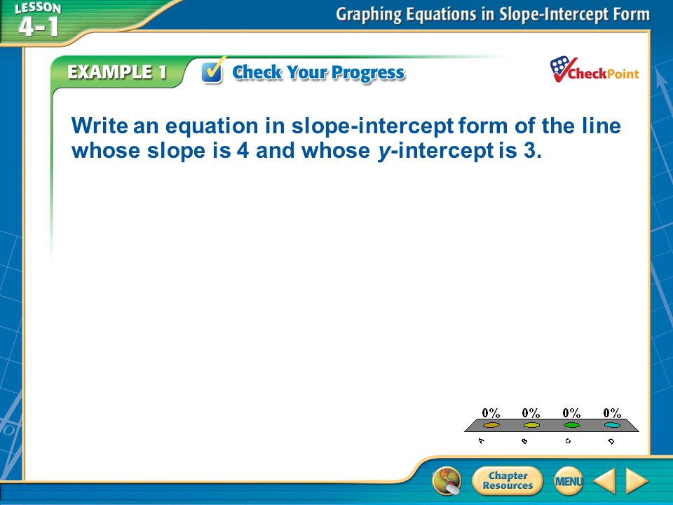A.A B.B C.C D.D Example 1 Write an equation in slope-intercept form of the line whose slope is 4 and whose y-intercept is 3.