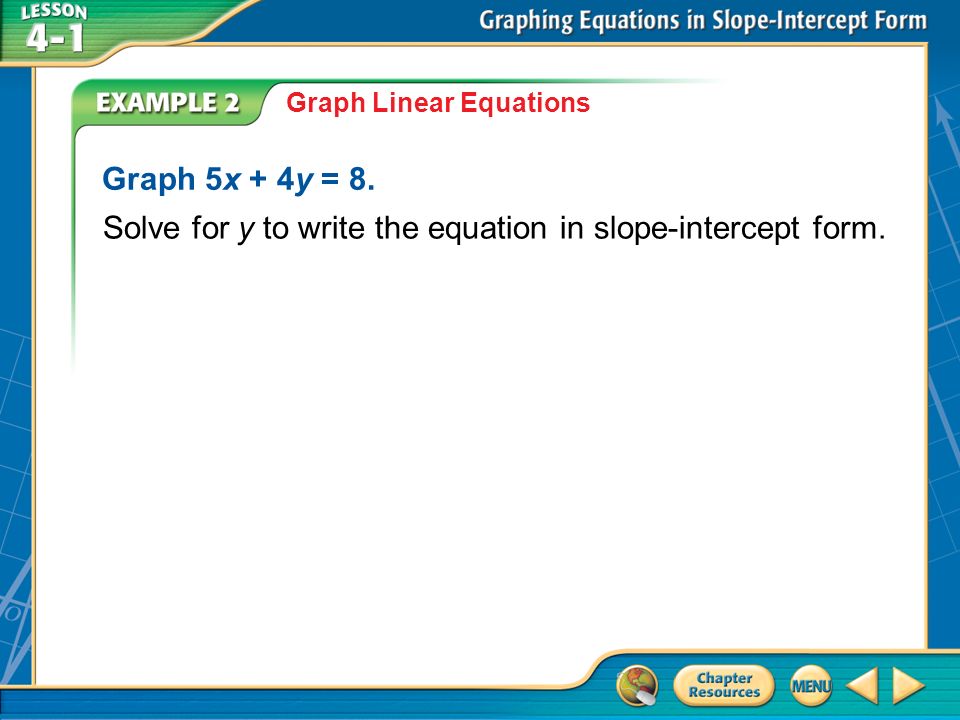 Example 2 Graph Linear Equations Graph 5x + 4y = 8.