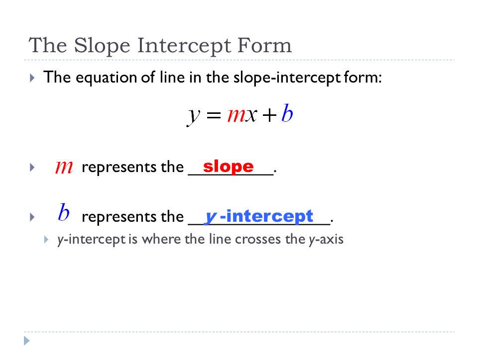 The Slope Intercept Form  The equation of line in the slope-intercept form:  represents the _________.