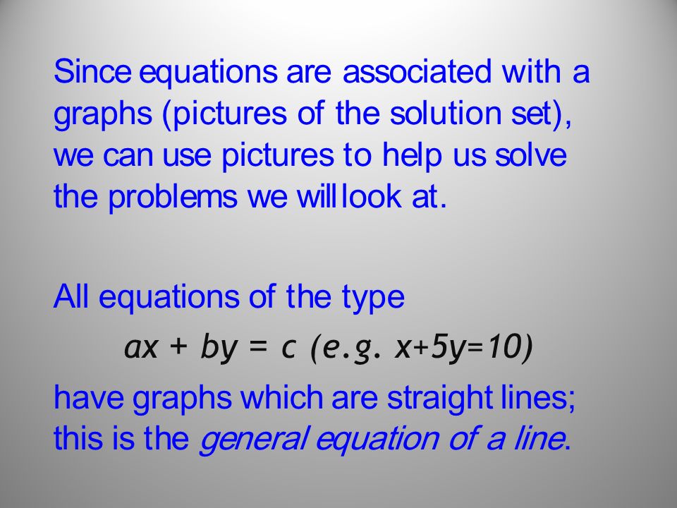 Since equations are associated with a graphs (pictures of the solution set), we can use pictures to help us solve the problems we will look at.
