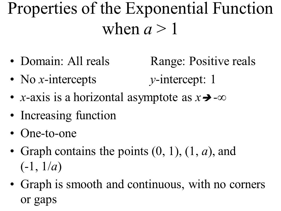 Properties of the Exponential Function when a > 1 Domain: All reals Range: Positive reals No x-intercepts y-intercept: 1 x-axis is a horizontal asymptote as x  -∞ Increasing function One-to-one Graph contains the points (0, 1), (1, a), and (-1, 1/a) Graph is smooth and continuous, with no corners or gaps