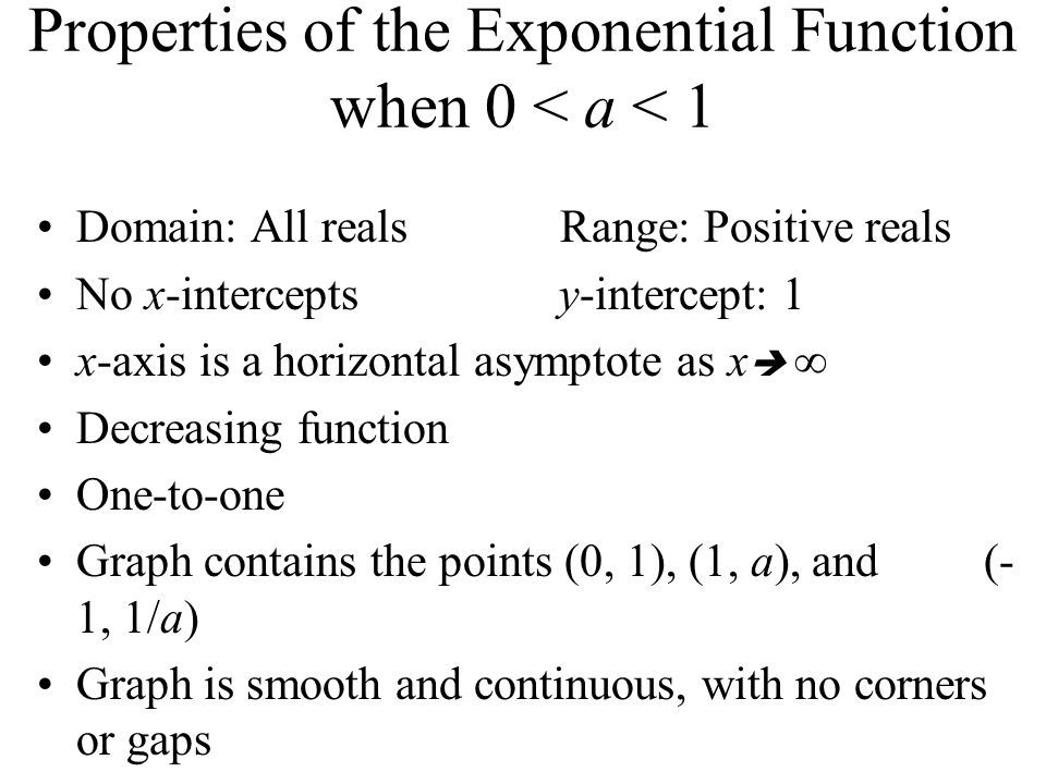Properties of the Exponential Function when 0 < a < 1 Domain: All reals Range: Positive reals No x-intercepts y-intercept: 1 x-axis is a horizontal asymptote as x  ∞ Decreasing function One-to-one Graph contains the points (0, 1), (1, a), and (- 1, 1/a) Graph is smooth and continuous, with no corners or gaps