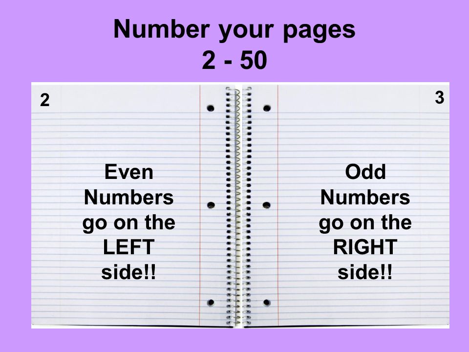 Number your pages Even Numbers go on the LEFT side!! Odd Numbers go on the RIGHT side!!