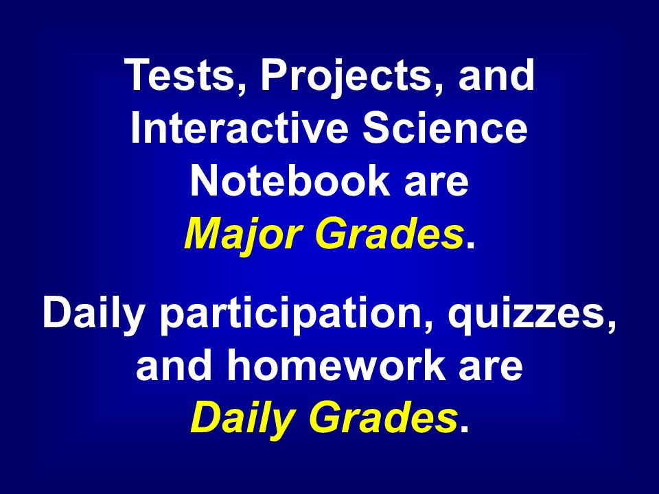 Tests, Projects, and Interactive Science Notebook are Major Grades.