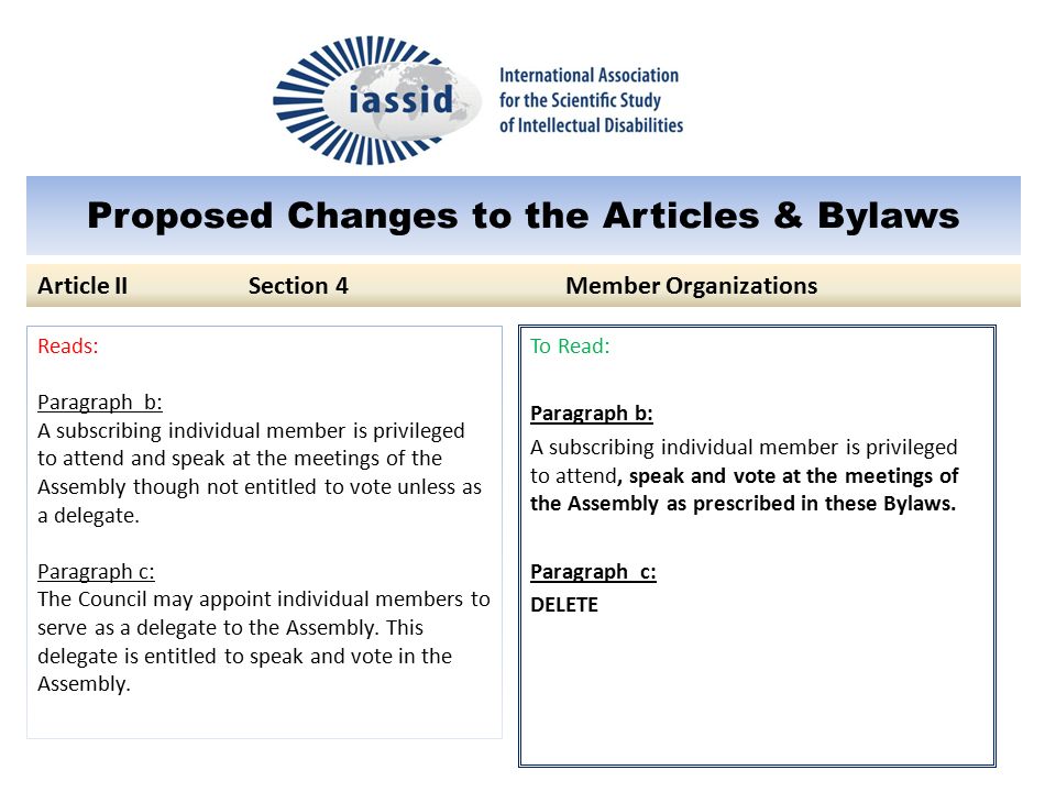 Proposed Changes to the Articles & Bylaws To Read: Paragraph b: A subscribing individual member is privileged to attend, speak and vote at the meetings of the Assembly as prescribed in these Bylaws.