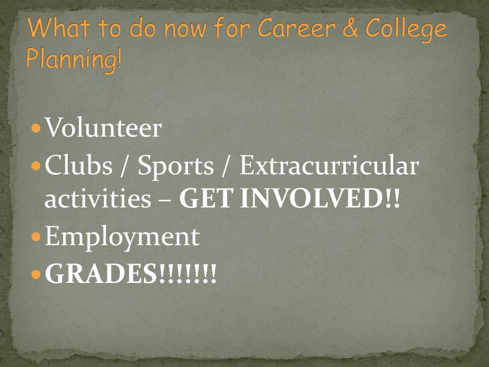 Volunteer Clubs / Sports / Extracurricular activities – GET INVOLVED!! Employment GRADES!!!!!!!