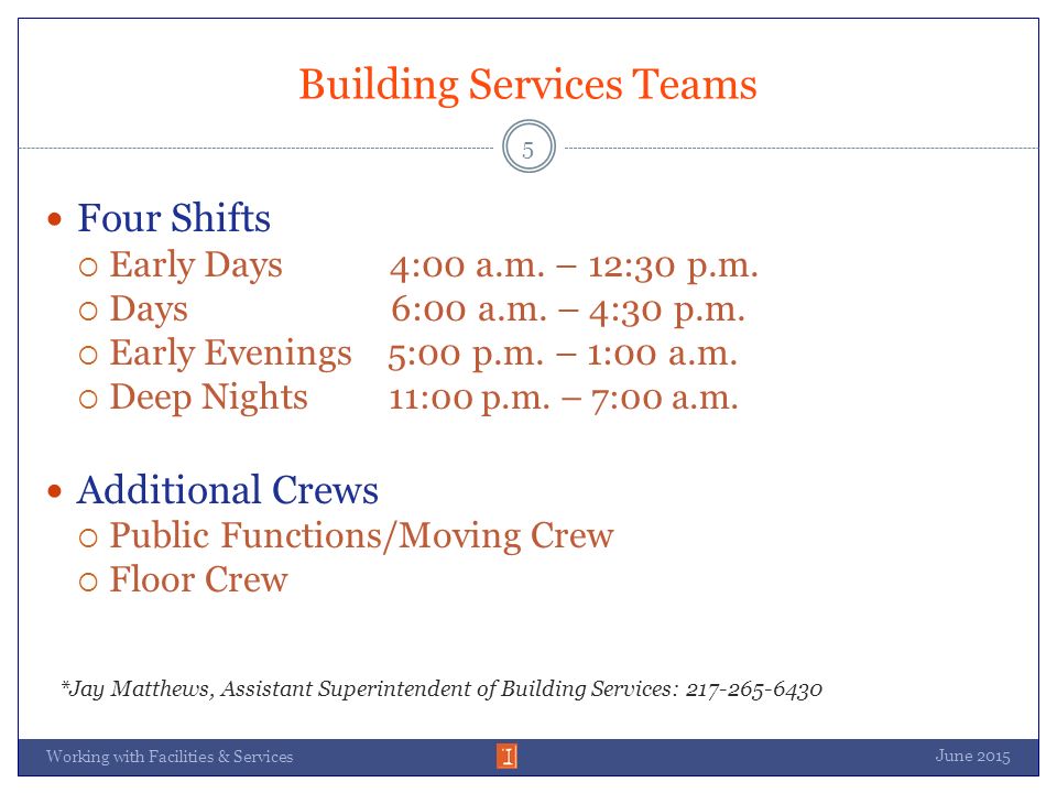Building Services Teams June 2015 Working with Facilities & Services 5 Four Shifts  Early Days 4:00 a.m.