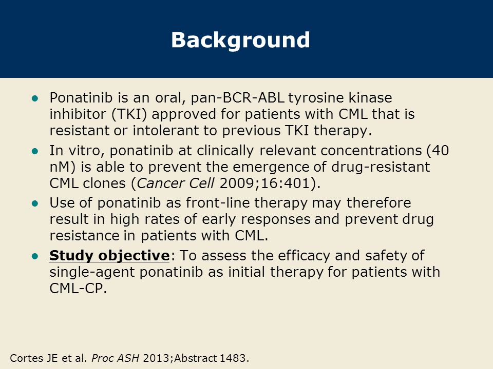 Background Ponatinib is an oral, pan-BCR-ABL tyrosine kinase inhibitor (TKI) approved for patients with CML that is resistant or intolerant to previous TKI therapy.