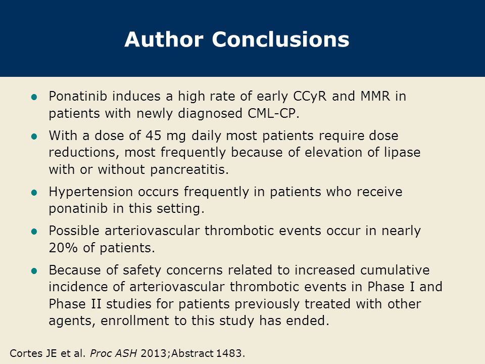 Author Conclusions Ponatinib induces a high rate of early CCyR and MMR in patients with newly diagnosed CML-CP.