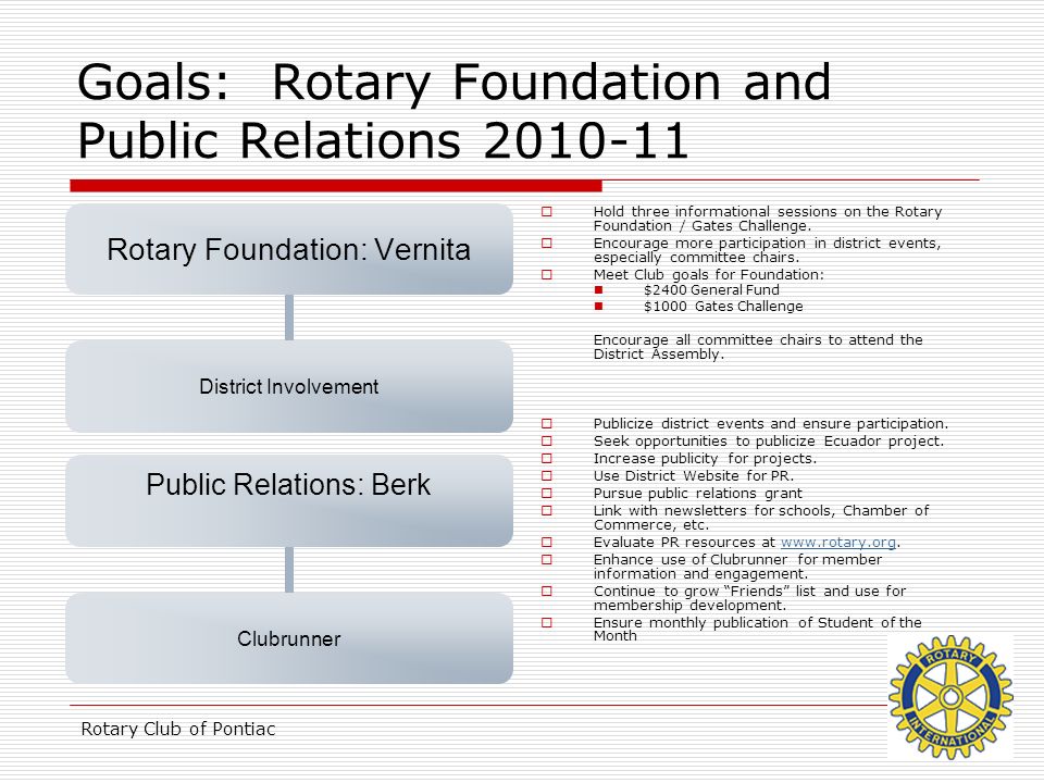 Rotary Club of Pontiac Goals: Rotary Foundation and Public Relations  Hold three informational sessions on the Rotary Foundation / Gates Challenge.