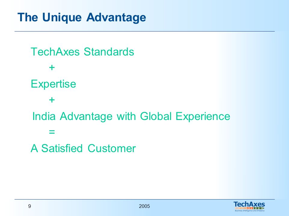 20059 The Unique Advantage TechAxes Standards + Expertise + India Advantage with Global Experience = A Satisfied Customer