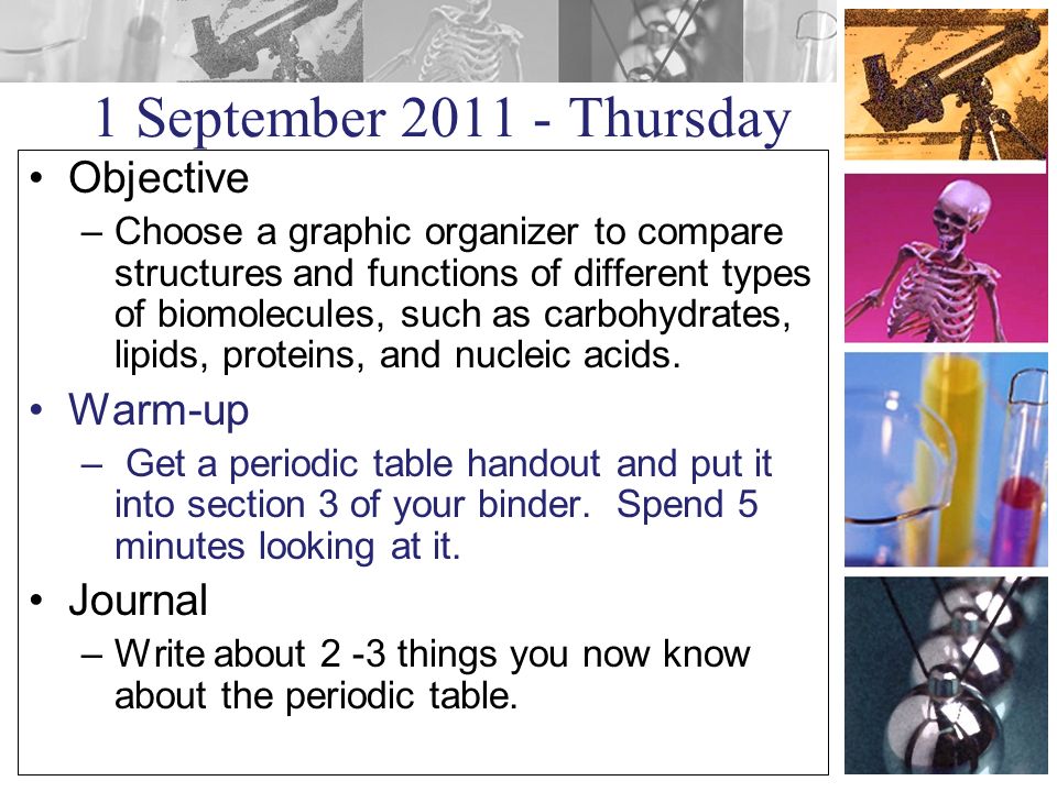 1 September Thursday Objective –Choose a graphic organizer to compare structures and functions of different types of biomolecules, such as carbohydrates, lipids, proteins, and nucleic acids.
