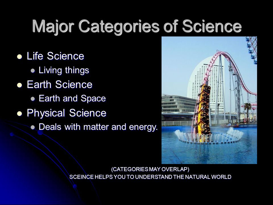 Major Categories of Science Life Science Life Science Living things Living things Earth Science Earth Science Earth and Space Earth and Space Physical Science Physical Science Deals with matter and energy.