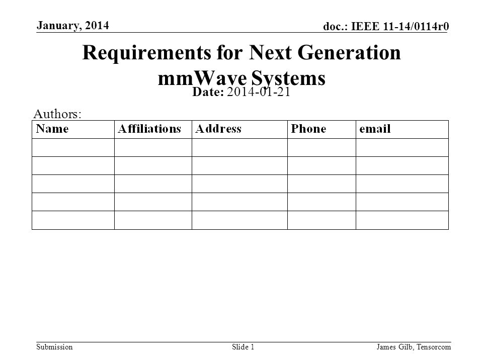 Submission doc.: IEEE 11-14/0114r0 January, 2014 James Gilb, TensorcomSlide 1 Requirements for Next Generation mmWave Systems Date: Authors: