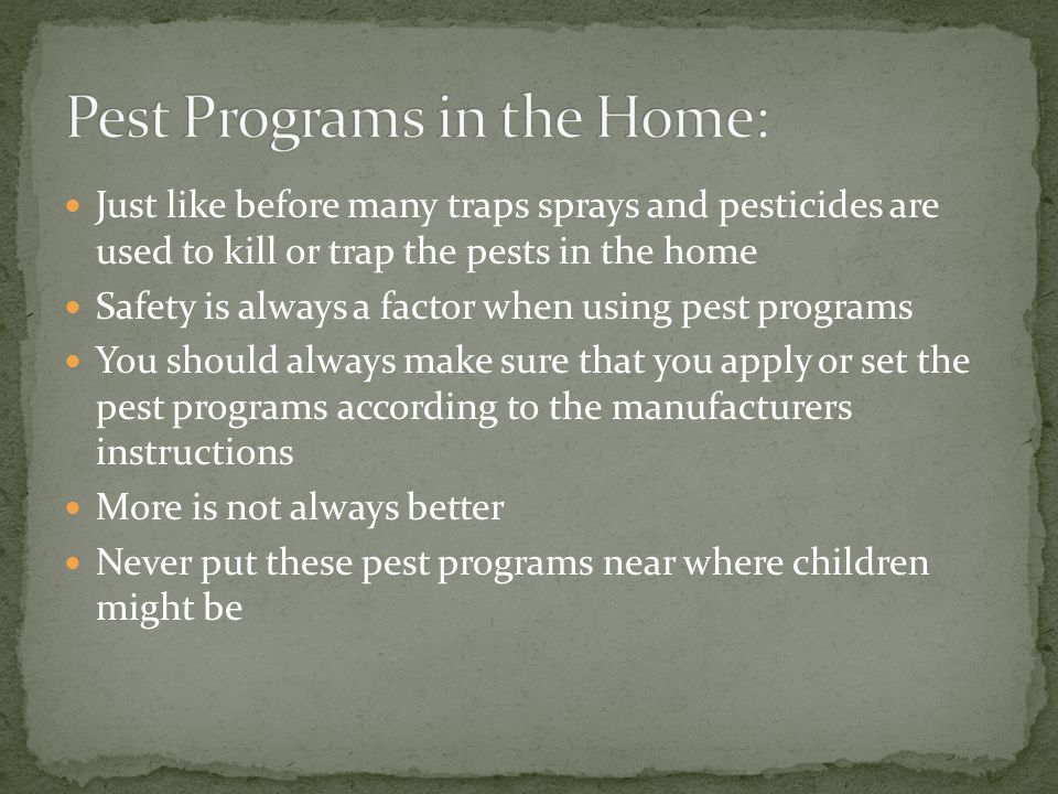 Just like before many traps sprays and pesticides are used to kill or trap the pests in the home Safety is always a factor when using pest programs You should always make sure that you apply or set the pest programs according to the manufacturers instructions More is not always better Never put these pest programs near where children might be