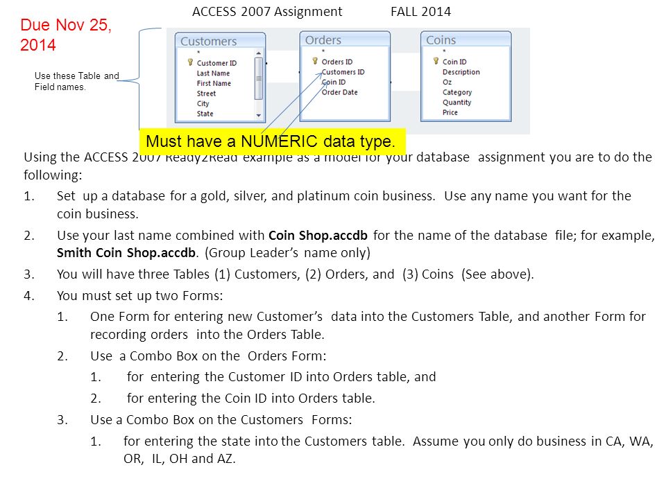 using the access 2007 ready2read example as a model for your access database assignment