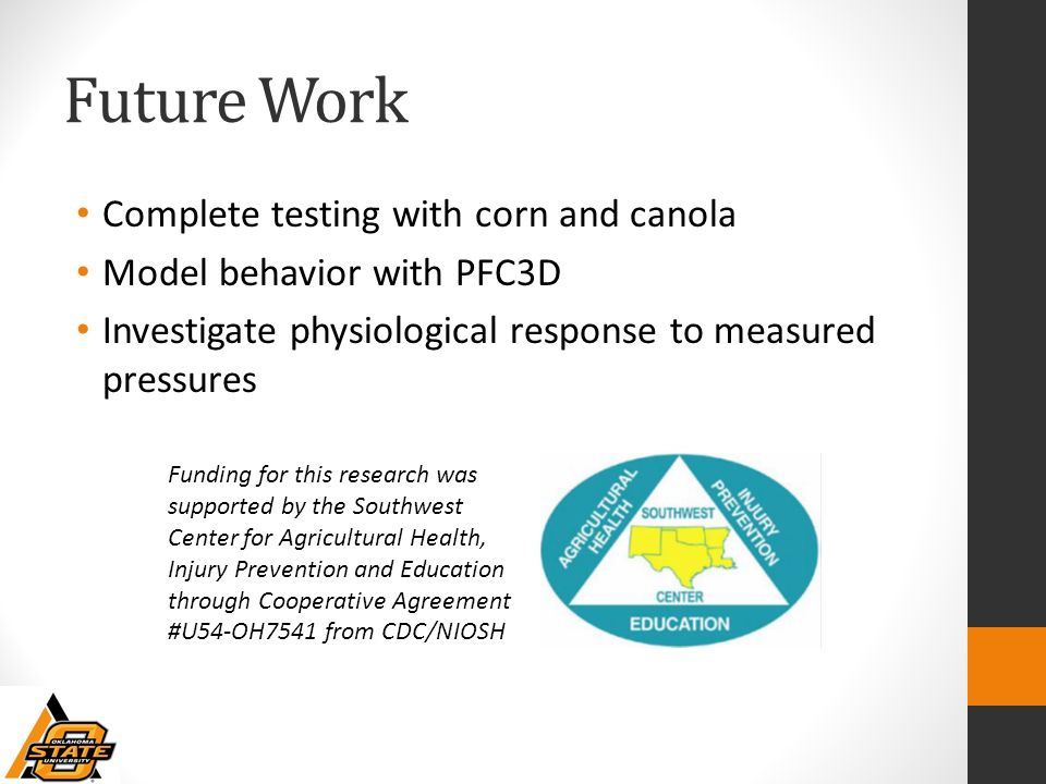 Future Work Complete testing with corn and canola Model behavior with PFC3D Investigate physiological response to measured pressures Funding for this research was supported by the Southwest Center for Agricultural Health, Injury Prevention and Education through Cooperative Agreement #U54-OH7541 from CDC/NIOSH