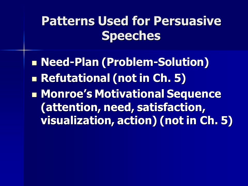 Patterns Used for Persuasive Speeches Need-Plan (Problem-Solution) Need-Plan (Problem-Solution) Refutational (not in Ch.