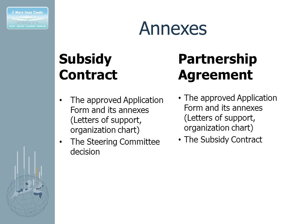 Annexes Subsidy Contract The approved Application Form and its annexes (Letters of support, organization chart) The Steering Committee decision Partnership Agreement The approved Application Form and its annexes (Letters of support, organization chart) The Subsidy Contract